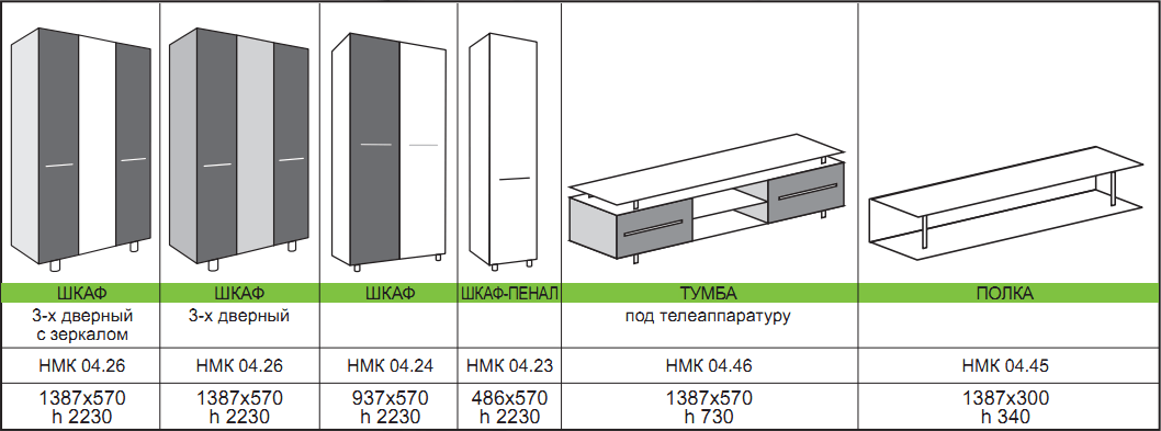 Размеры гостиной мебели - модули 